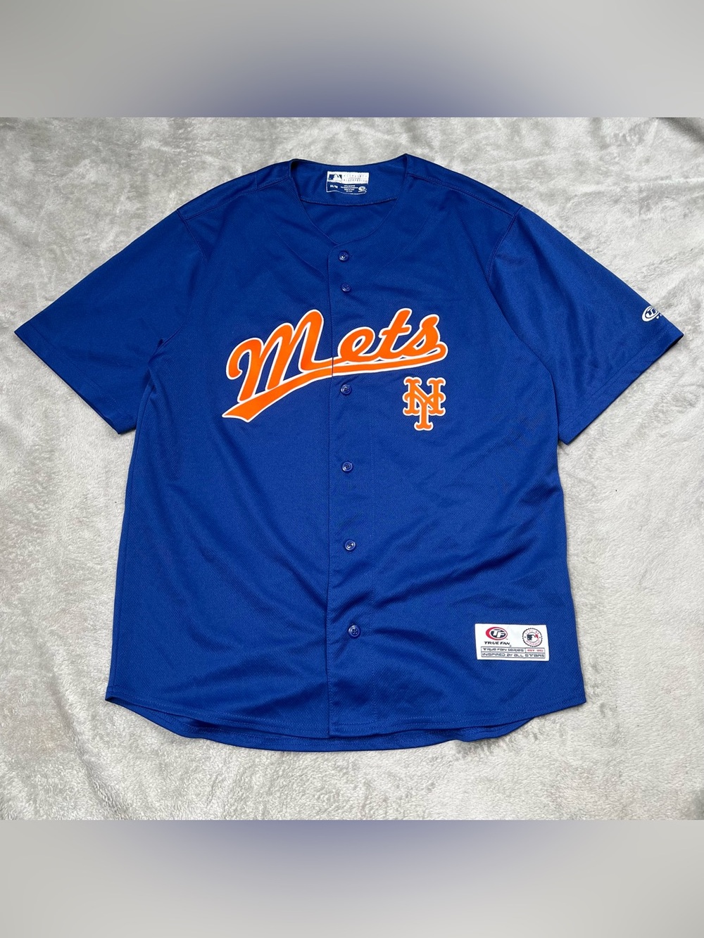 New York Mets MLB True Fan Baseball Jersey Mens M Blue/Orange Baseball Mesh Y2K